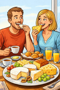 Ein lächelnder Mann und eine lächelnde Frau frühstücken gemeinsam, essen Käse und trinken Kaffee. Vor ihnen steht ein Tisch mit verschiedenen Käsesorten, Croissants, Weintrauben, Walnüssen und zwei Gläsern Orangensaft. Im Hintergrund ist ein helles Fenster zu sehen.