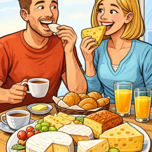 Ein lächelnder Mann und eine lächelnde Frau frühstücken gemeinsam, essen Käse und trinken Kaffee. Vor ihnen steht ein Tisch mit verschiedenen Käsesorten, Croissants, Weintrauben, Walnüssen und zwei Gläsern Orangensaft. Im Hintergrund ist ein helles Fenster zu sehen.