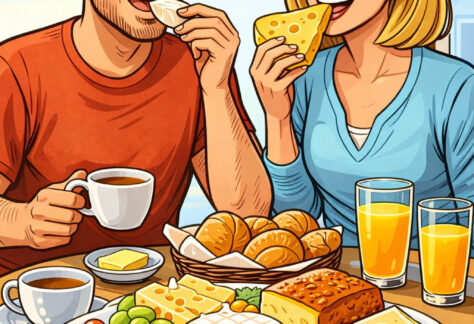 Ein lächelnder Mann und eine lächelnde Frau frühstücken gemeinsam, essen Käse und trinken Kaffee. Vor ihnen steht ein Tisch mit verschiedenen Käsesorten, Croissants, Weintrauben, Walnüssen und zwei Gläsern Orangensaft. Im Hintergrund ist ein helles Fenster zu sehen.