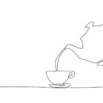 Eine minimalistische Strichzeichnung einer Teekanne, die Flüssigkeit in eine Teetasse auf einer Untertasse gießt, die auf einer flachen Oberfläche steht, alles mit einer einzigen durchgehenden Linie auf einem weißen Hintergrund.