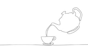 Eine minimalistische Strichzeichnung einer Teekanne, die Flüssigkeit in eine Teetasse auf einer Untertasse gießt, die auf einer flachen Oberfläche steht, alles mit einer einzigen durchgehenden Linie auf einem weißen Hintergrund.