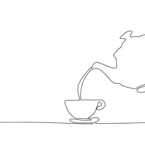 Eine minimalistische Strichzeichnung einer Teekanne, die Flüssigkeit in eine Teetasse auf einer Untertasse gießt, die auf einer flachen Oberfläche steht, alles mit einer einzigen durchgehenden Linie auf einem weißen Hintergrund.