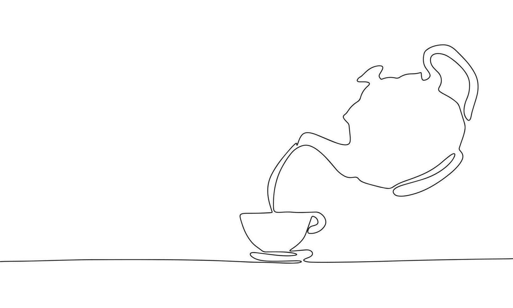 Eine minimalistische Strichzeichnung einer Teekanne, die Flüssigkeit in eine Teetasse auf einer Untertasse gießt, die auf einer flachen Oberfläche steht, alles mit einer einzigen durchgehenden Linie auf einem weißen Hintergrund.